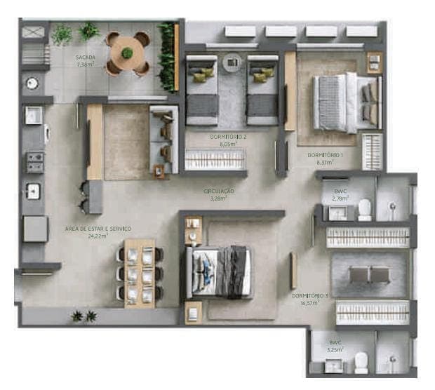 Foto 5 de Apartamento 1 suíte + 2 dorms à venda · São Vicente, Itajaí · São Vicente · 85 m² · AP1000