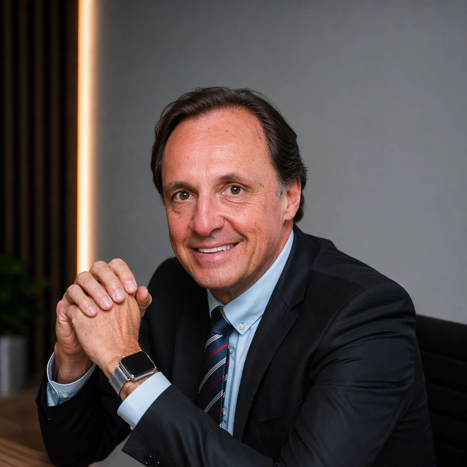 Paulo, da Mercedes Imóveis, conduzindo reunião de renovação contratual com proprietário no escritório de Itajaí
